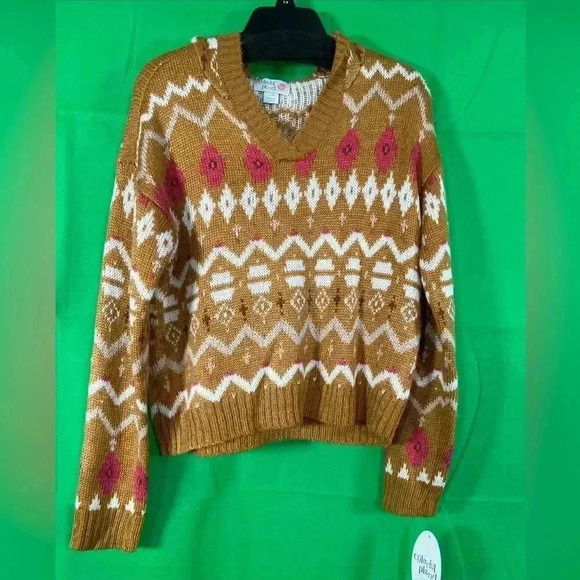 Colorful Planet Tan Pink Aztec Hooded Sweater Girl's Size Large 14 NWT - Picture 2 of 8